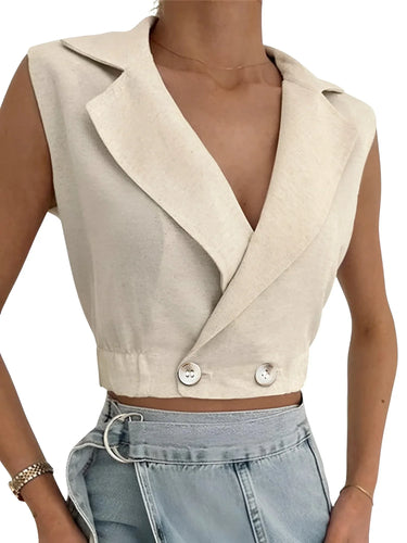 Versatile Sleeveless Collared Crop Top - Button Front Linen Look Vest, Drestiny, Sleeveless, Tank Tops, Crop Tops, Casual Shirts, S, M, L, XL, Khaki, United States, USA, Canada, Australia, New Zealand, United Kingdom, UK, sleeveless blazer top, crop top vest, collared crop shirt, summer crop top, sleeveless waistcoat top, linen look crop vest, collared sleeveless top, button front crop blouse, smart casual crop top, shopdrestiny.com